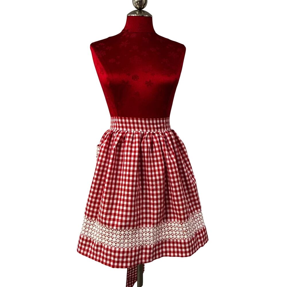 Red & white check cloth half apron hand made vintage mid century plus size